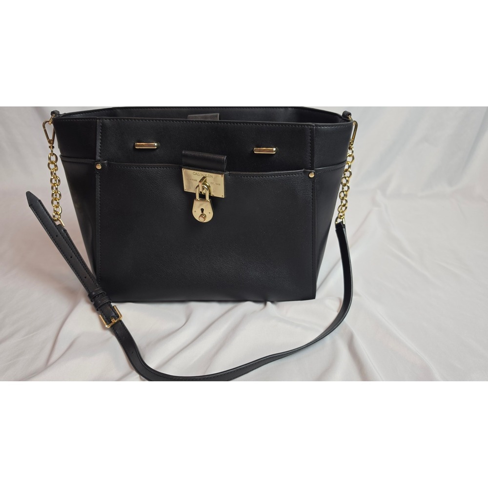 Calvin Klein Black Leather Padlock Crossbody Tote Bag Corporate Chic Workwear